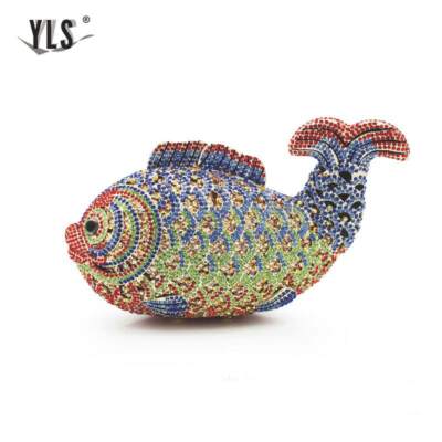 Pink Diamond Fish Shape Evening Clutch Bag Bridal Wedding Women Crystal Handbag