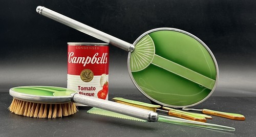 Vintage Art Deco Green Chrome Vanity Dresser Dressing Set Mirror Brush Comb - Picture 20 of 20