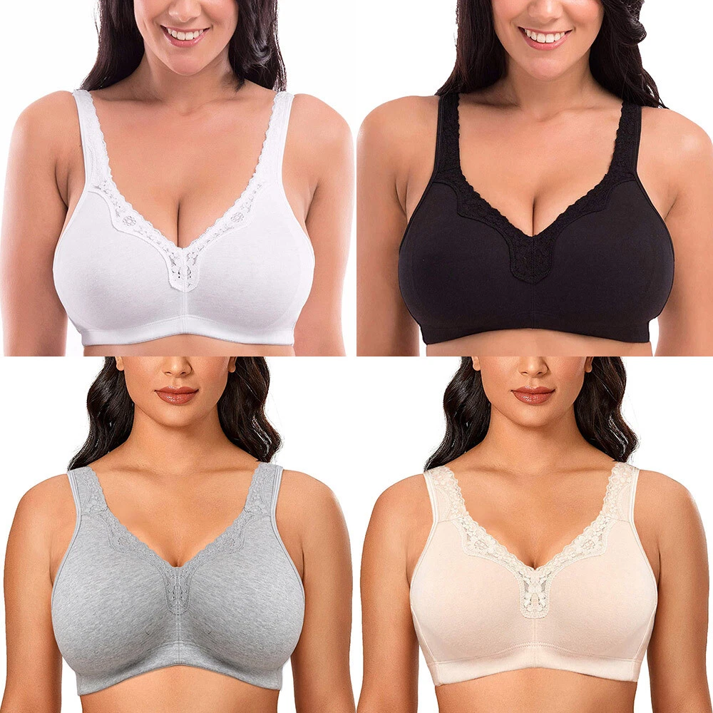 Women's Lace Plus Size Wire-Free Non-Foam Comfort Cotton Bra 32-52 C D DDF  G H I