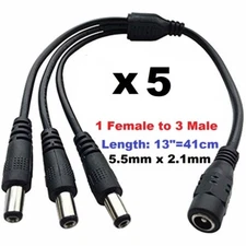 5pk 1 to 3 Power Splitter with 5.5mm x 2.1mm ends, 1 female input, 3 male output