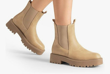 NEW Dreampairs Nude-NUBUCK Ladies CHELSEA ANKLE Boots SQ TOE LOW HEEL LUG Sz8.5