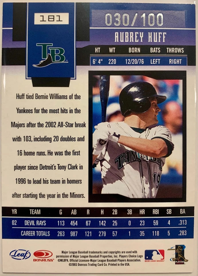 2003 Donruss Leaf Certified Materials Mirror Red #181 Aubrey Huff /100 - Image 2 of 2