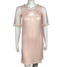 Vintage Sheer Pink Babydoll Nightgown Size S Ruffle Trim Short Sleeves Read