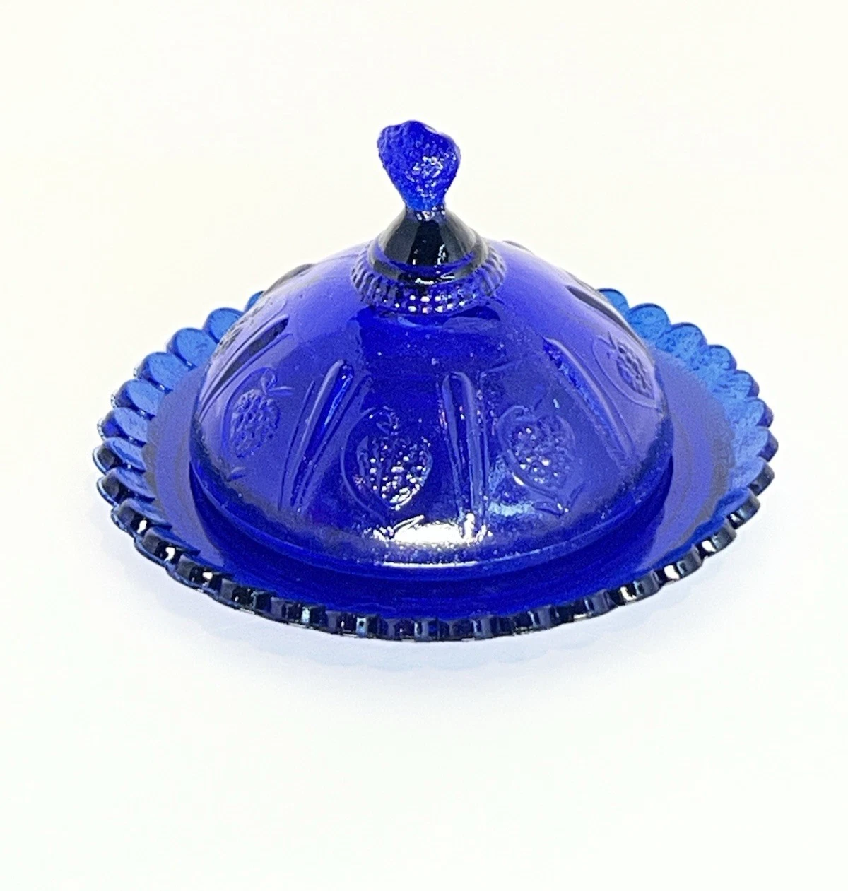 Vintage Cobalt Blue Butter Pat Dish Dome Lid Strawberry Pattern