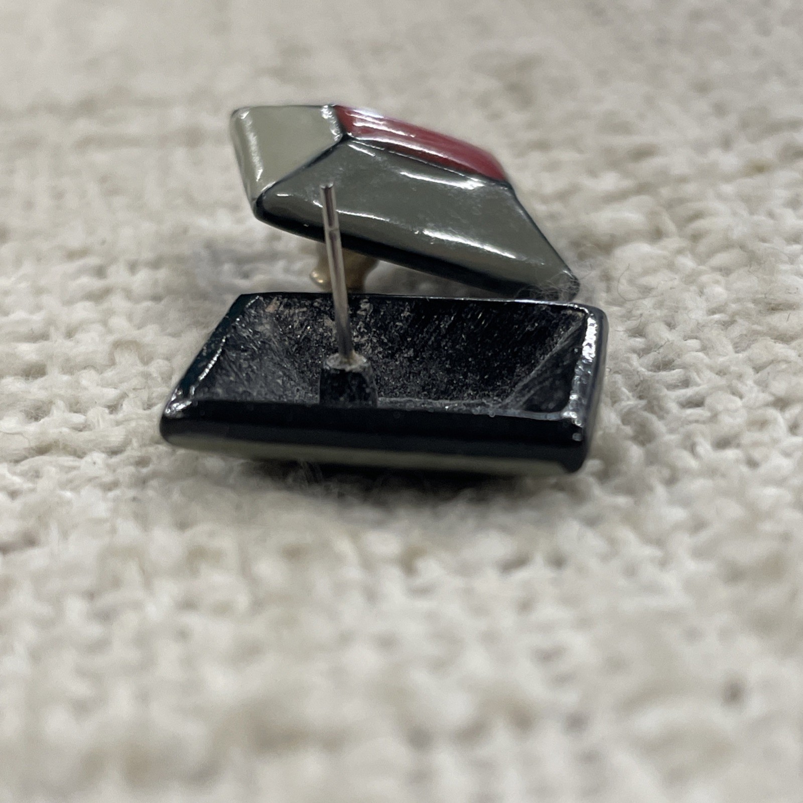 Rectangular Enameled Geometric Red & Gray Stud Ea… - image 2