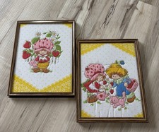 VTG 1980 STRAWBERRY SHORTCAKE QUILTED FABRIC WALL ART 2 FRAMED 8.25  X 11.25  