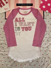 VS PINK VINTAGE Y2K THERMAL BASEBALL TEE  “ALL I WANT IS YOU” BLING DOG PUP RARE
