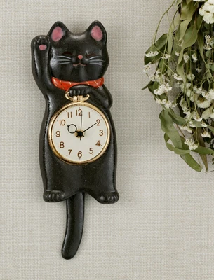 Japanese Black Lucky Cat Manekineko Wall Pendulum Clock Pottery Seto ware Gift