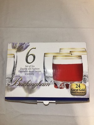 Set Of 6 Buckingham 24 Karat Gold Hand Decorated Double Old Fashion Glasses