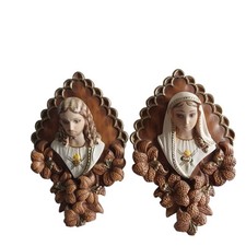 Vtg 1950s Religious Art Sacred Heart Jesus  Mary 3D Wall Plaques Chalkware 15"