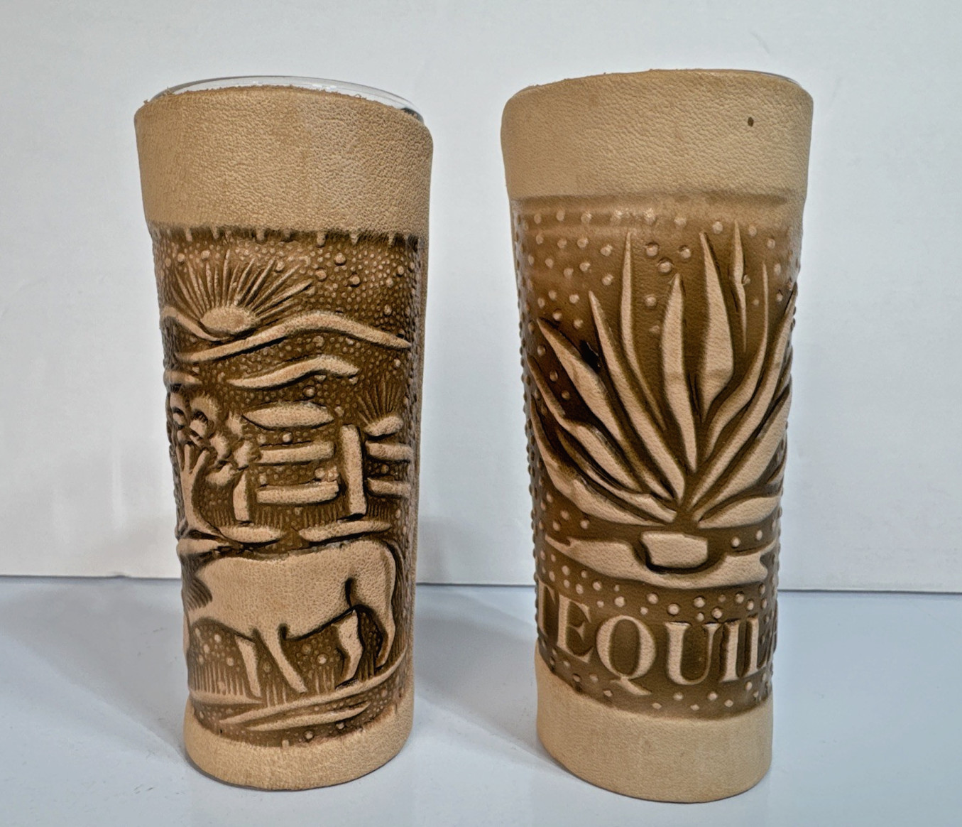 Vintage Set of 2 Tequilero Cristal Leather-Wrapped Caballitos — NOS w/UPC Label
