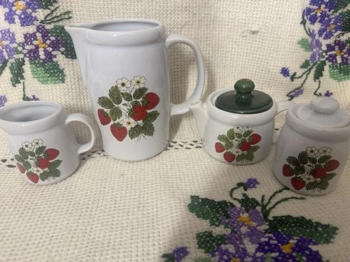 McCoy Vintage 1970s Pottery Teapot Strawberry Country, Creamer And Sugar Bowl