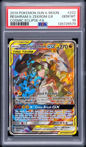 2019 POKEMON SUN & MOON COSMIC ECLIPSE #222 FULL ART/RESHIRAM & ZEKROM GX PSA 10