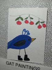Original Painting Whimsical Animals Blue bird In Shoes Mini Portraits Art By GAT