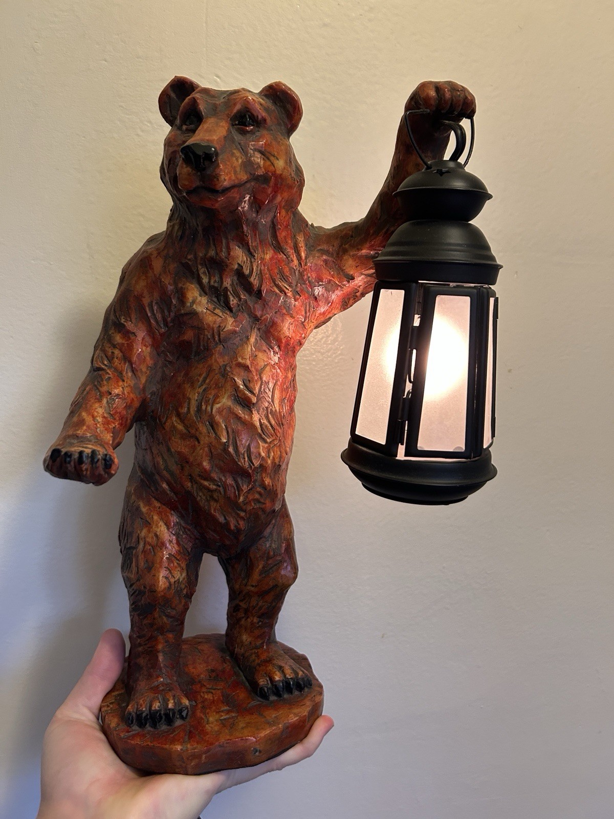 VTG Black Forest Bear Lamp Holding Lantern Hand Painted Resin Cabin