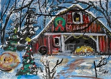 ACEO Original Winter XMAS BARN Farm Trees PAINTING Snow Holiday Landscape ART