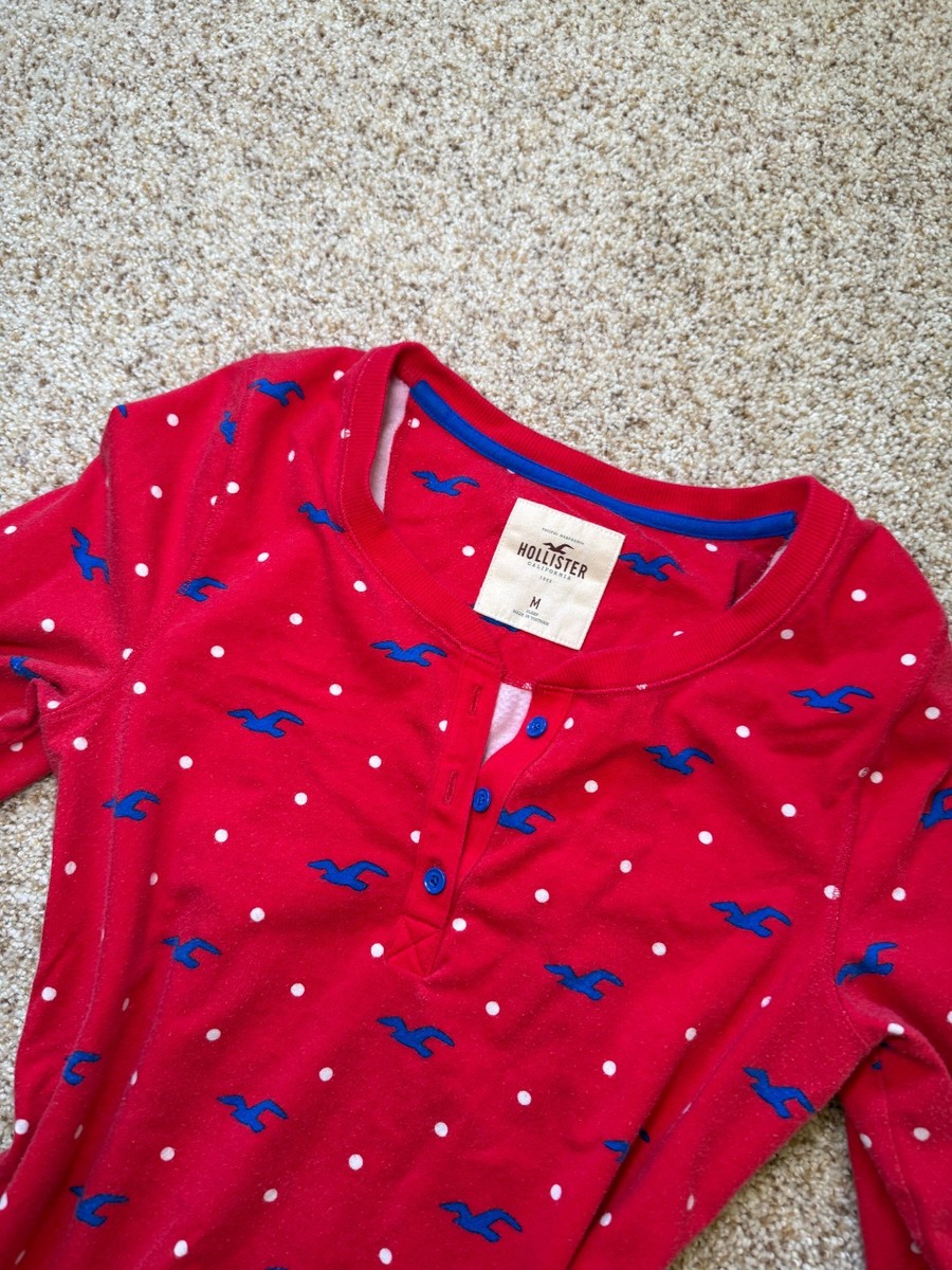 Hollister Womens Red Cute Henley 3/4 Sleeve Logo Top Y2K Preppy