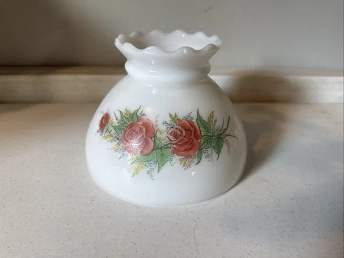 Vintage White Milk Glass Hurricane Lamp Shade Rose Flowers 8" Fitted Ruffled Top