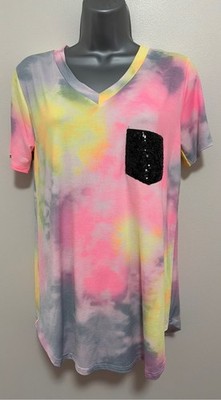 NWOT Heimish Multi Color Tie Dye top with sequins pocket size large