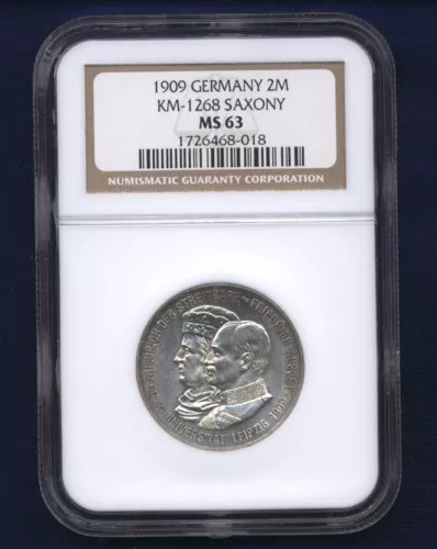 GERMANY SAXONY FREIDRICH  1909  2 MARK SILVER COIN, NGC CERTIFIED MS63