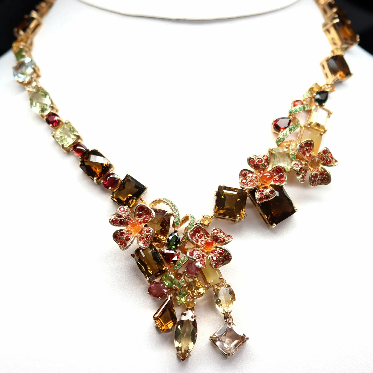 REAL FANCY CLR QUARTZ SAPPHIRE TOURMALINE TSAVORITE GARNET NECKLACE 925 SILVER