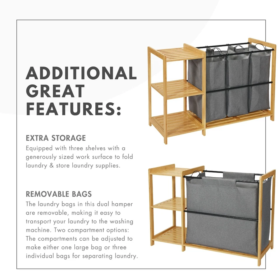 Bamboo Laundry Hamper W/ Shelves Bathroom Cabinet Organizer 3 Tier Shelf Rack - Image 3 of 4