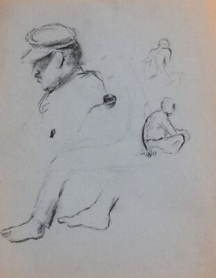 Antique pencil drawing male profile & various body fragments study portrait