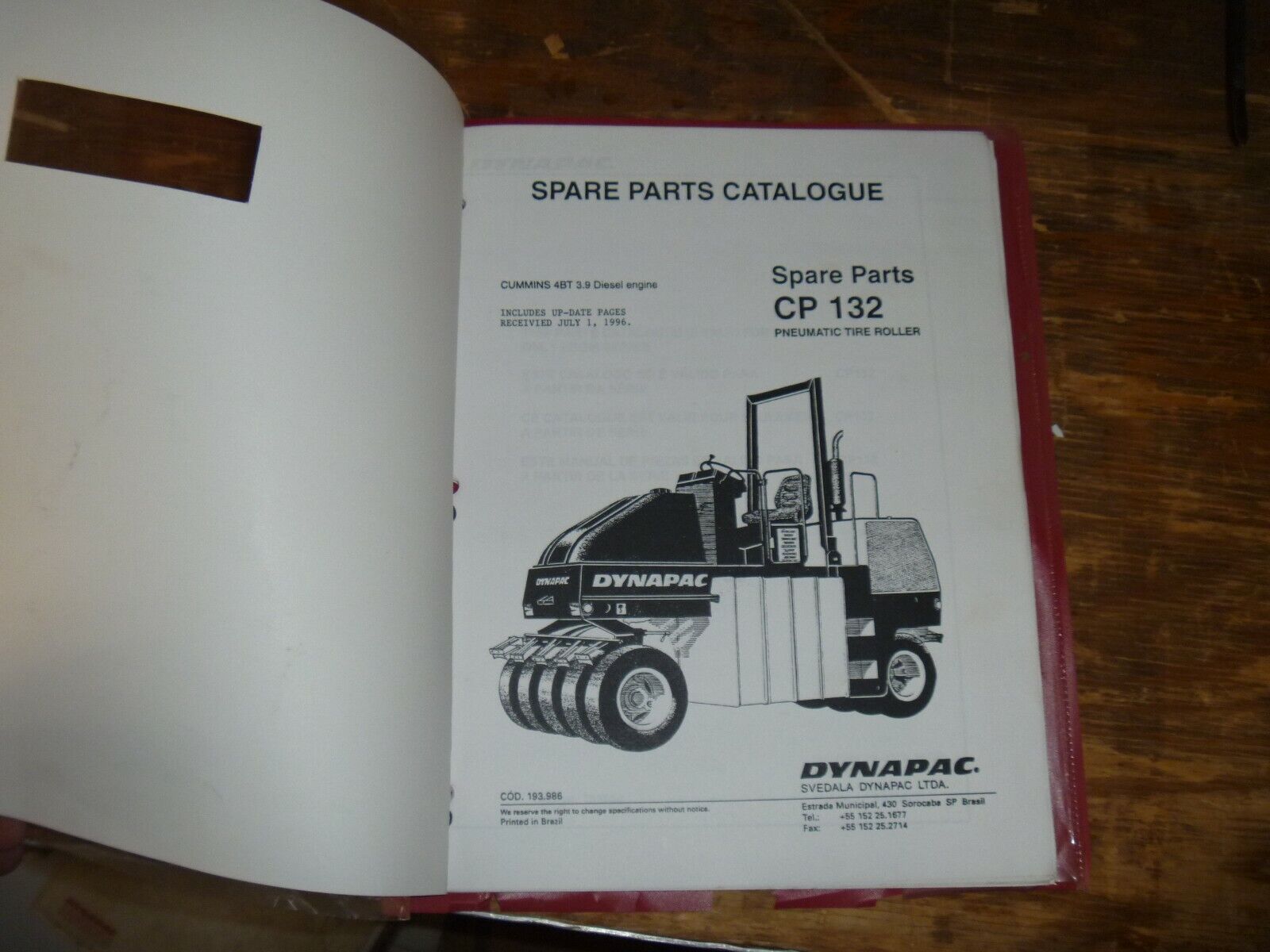 CP 132 Dynapac Parts Book Manual Catalog Pneumatic Tire Roller with Cummins  4BT