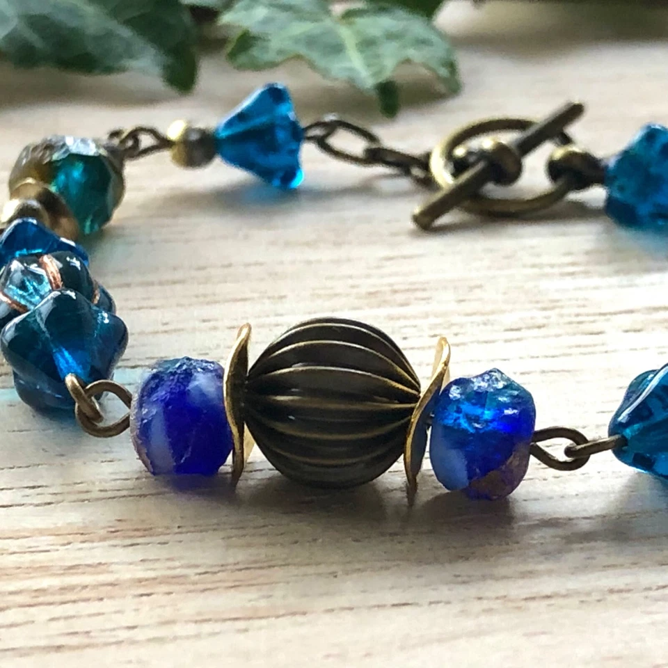 Blue Vintage Style Bracelet. Czech Glass Beaded Boho Bracelet. UK Handmade - Image 4 of 4