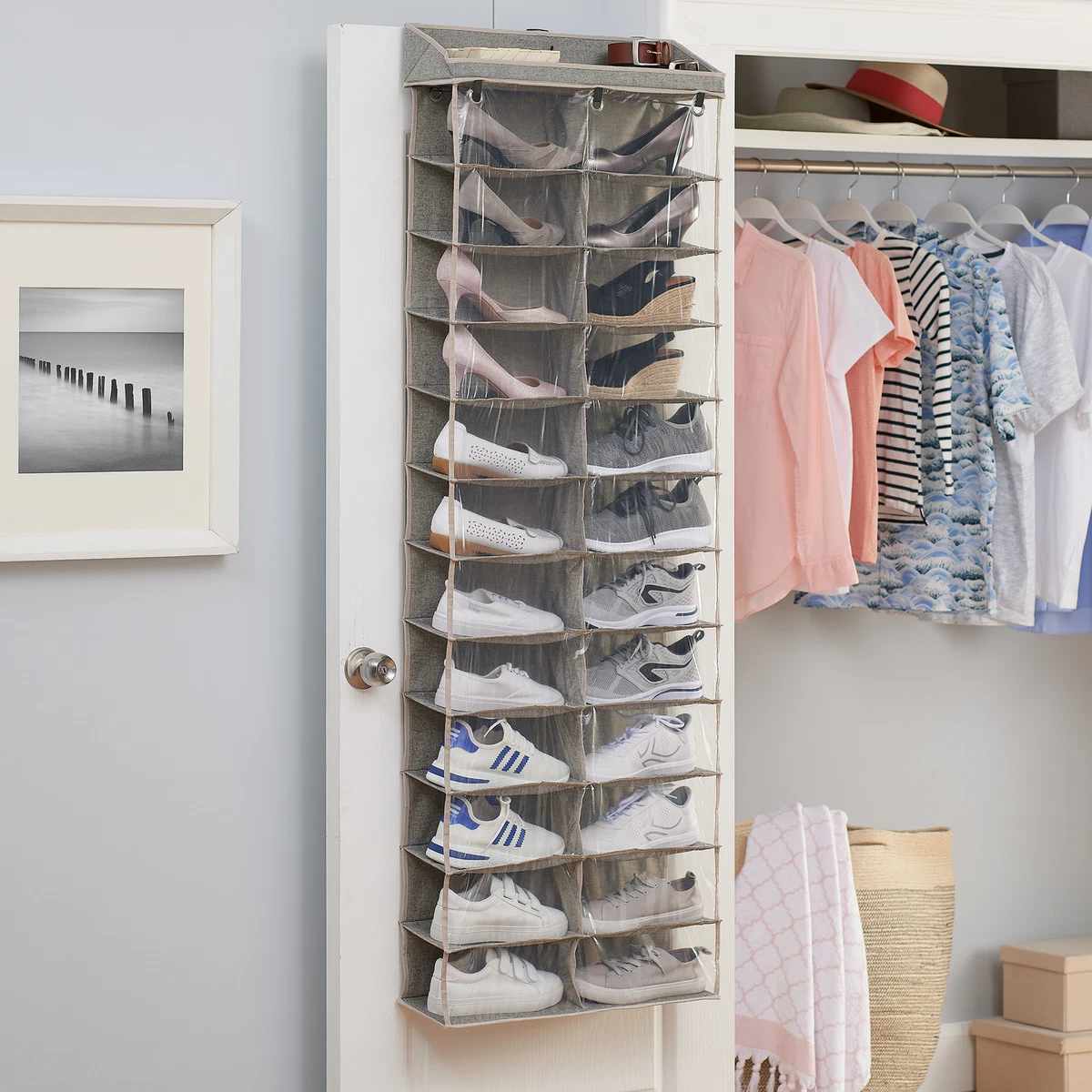 24 Section Hanging Shoe Shelves Closet Organizer, Gray