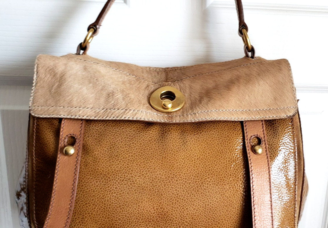 SAINT LAURENT AUTENTICA BORSA YVES ST LAURENT RIVE GAUCHE M 2 PELLE MARRONE BREVETTO CAPELLI DI VITELLO