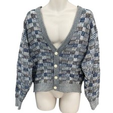 Vtg Sweater Graphix Cardigan Men S Blue 3D Knit Checkered Geometric 90s Y2K