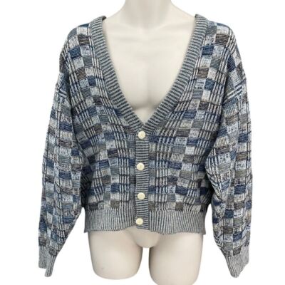 Vtg Sweater Graphix Cardigan Men S Blue 3D Knit Checkered 