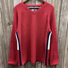 90s Vintage Tommy Hilfiger Jeans Flag V Neck Pullover Knit Sweater Red Mens XL
