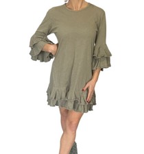 Alison Brett x Casual Bell Sleeve Layered Ruffle Shift Mini Dress Khaki Green M