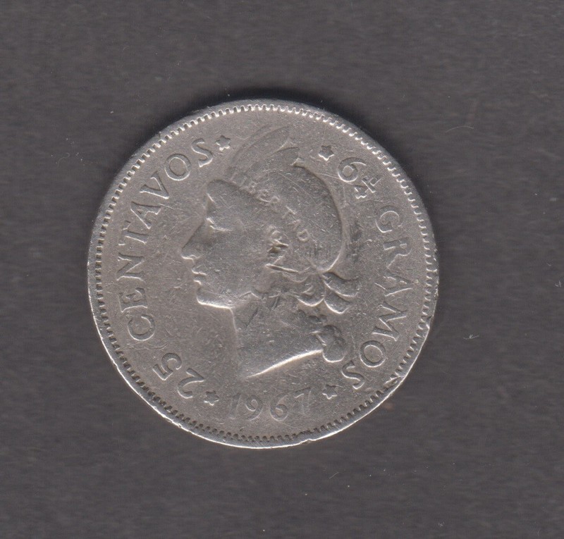 Dominican Republic 1967. 25 Centavos Coat Of Arms. Head of Indian Woman. KM# 20a