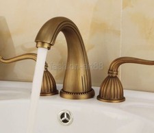 Antique Brass 3 Holes Double Handle Widespread Bathroom Sink Faucet fan027