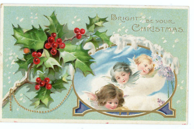 Christmas Cherubs Clouds Holly Berries Greetings Embossed Postcard c1913