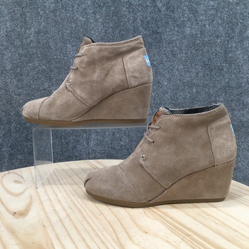 Toms Boots Womens 7 Desert Wedge Ankle Booties Beige Suede Lace Up Round Toe - Picture 2 of 17