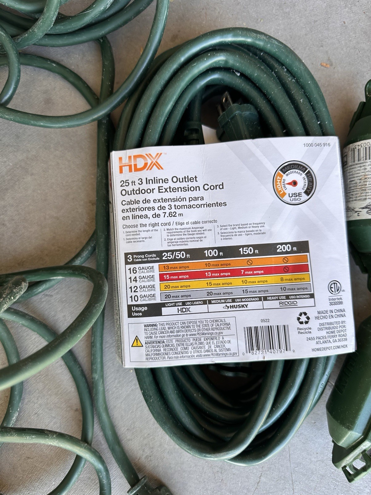 2 HDX Home Depot 25ft 14 Gauge 3 Inline Outlet Outdoor Extension Cord Green