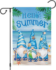 Hello Summer Gnomes Garden Flag 12X18 Double Sided Burlap, Hawaii Tropical Beach