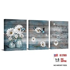 3 Piece Daisy Wall Art Butterfly Inspirational Picture on Canvas for Kitchen