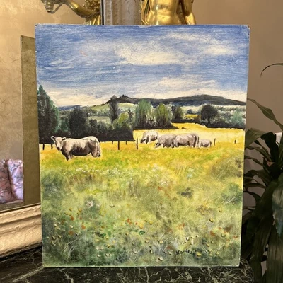 Huile Sur Panneau Ancienne Signée, Paysage De Pâturage Peinture Décoration - Photo 1/4