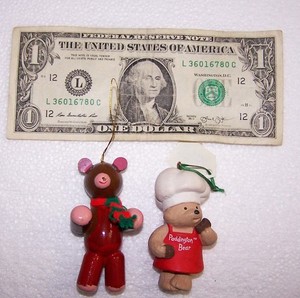 Two Christmas Bear Ornaments:  Paddington Bear and Brown Bear