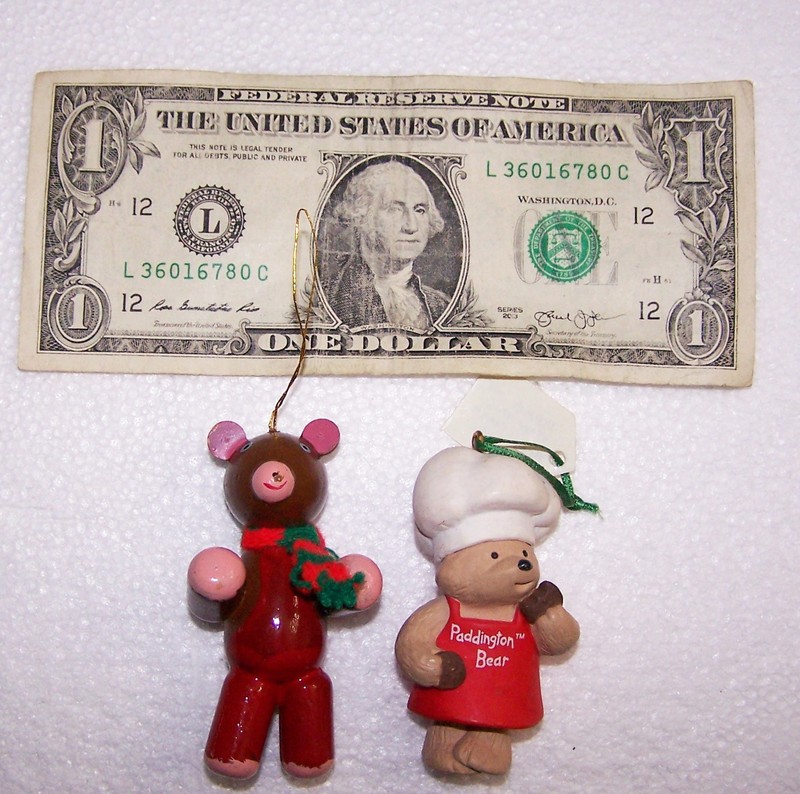 Two Christmas Bear Ornaments:  Paddington Bear and Brown Bear