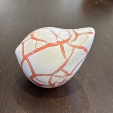 White & Coral Crackle Birdy Sculpture by Hungarian Artist Ceramist Judit Karsay