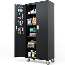 72'' Tall Garage Storage Cabinet, Metal Storage Cabinet with Pegboards, Wheels,