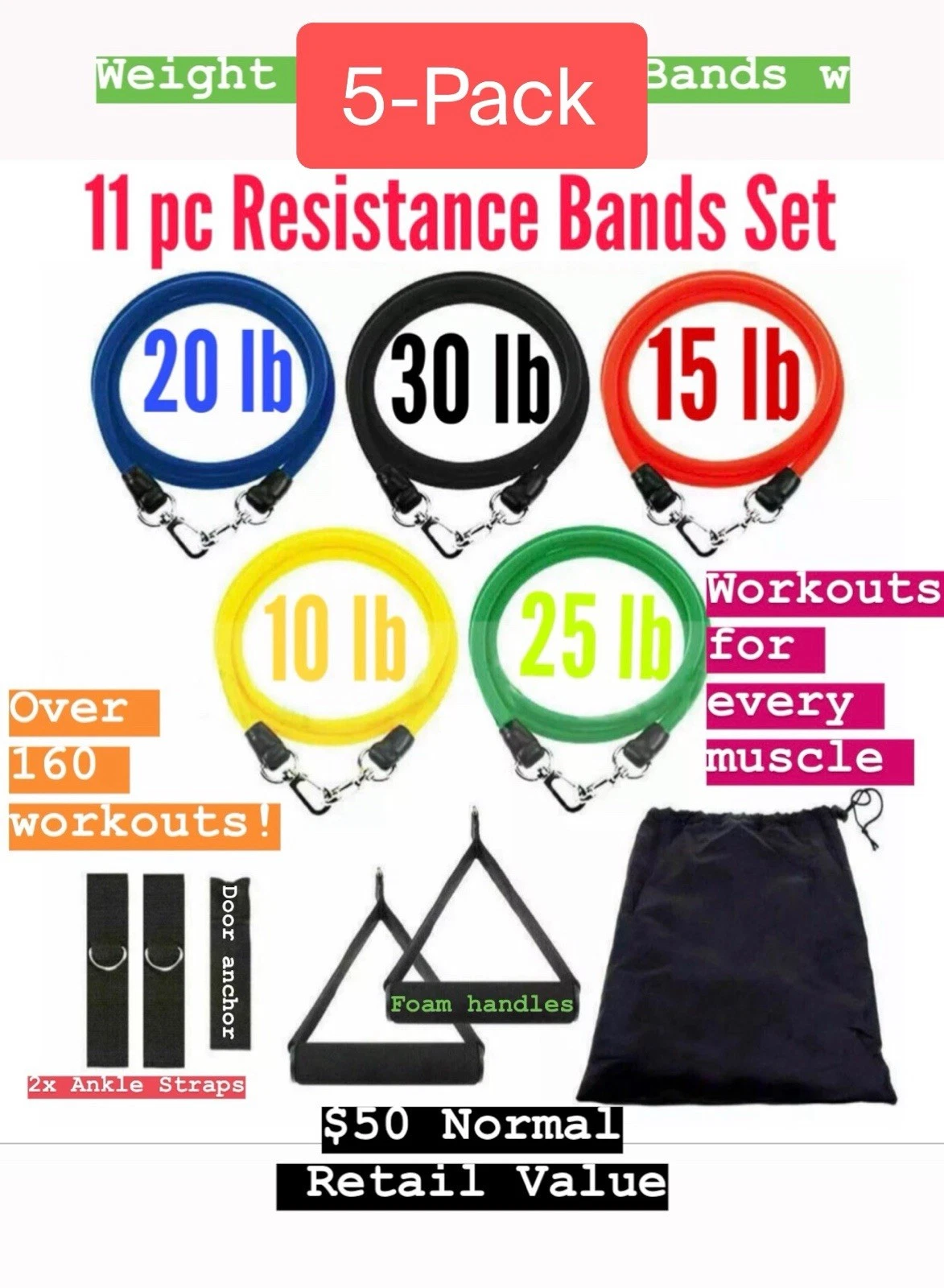 5-Pack of 11 Piece Fitness Resistance Workout Bands Set Strength Training Yoga
Opens in a new window