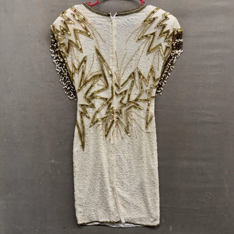 Vestido vintage Mark & John para mujer mediano oro blanco con cuentas seda aleta años 80 India Foto 4 de 4
