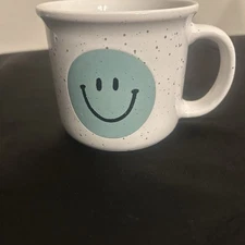 Blue Ceramic Happy Smiley Face Mug Great as a Planter for Succulents